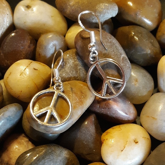 925 Sterling Silver Peace Dangle~Drop Earrings - Picture 3 of 4